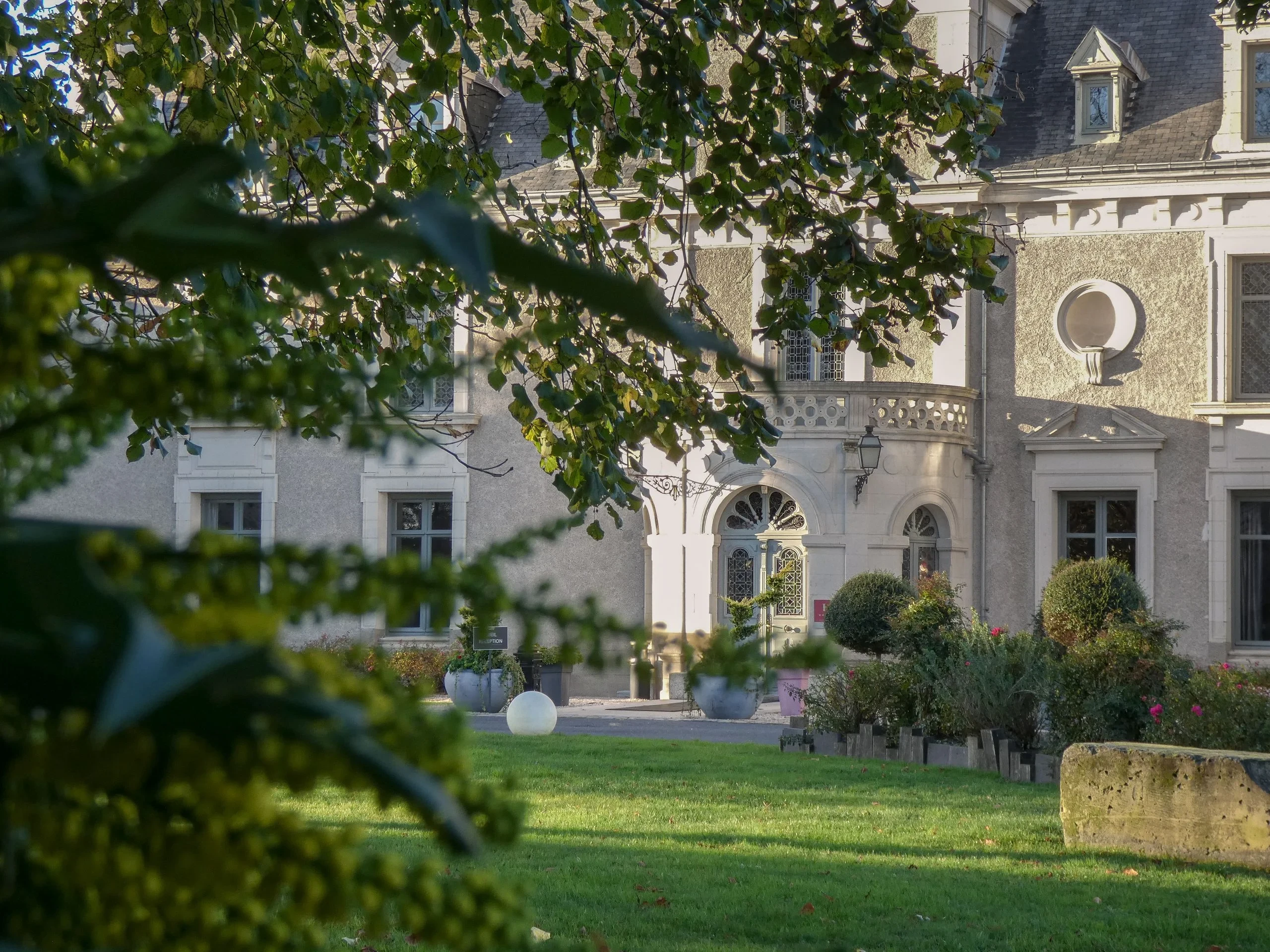 Façade de château vue à travers feuillage