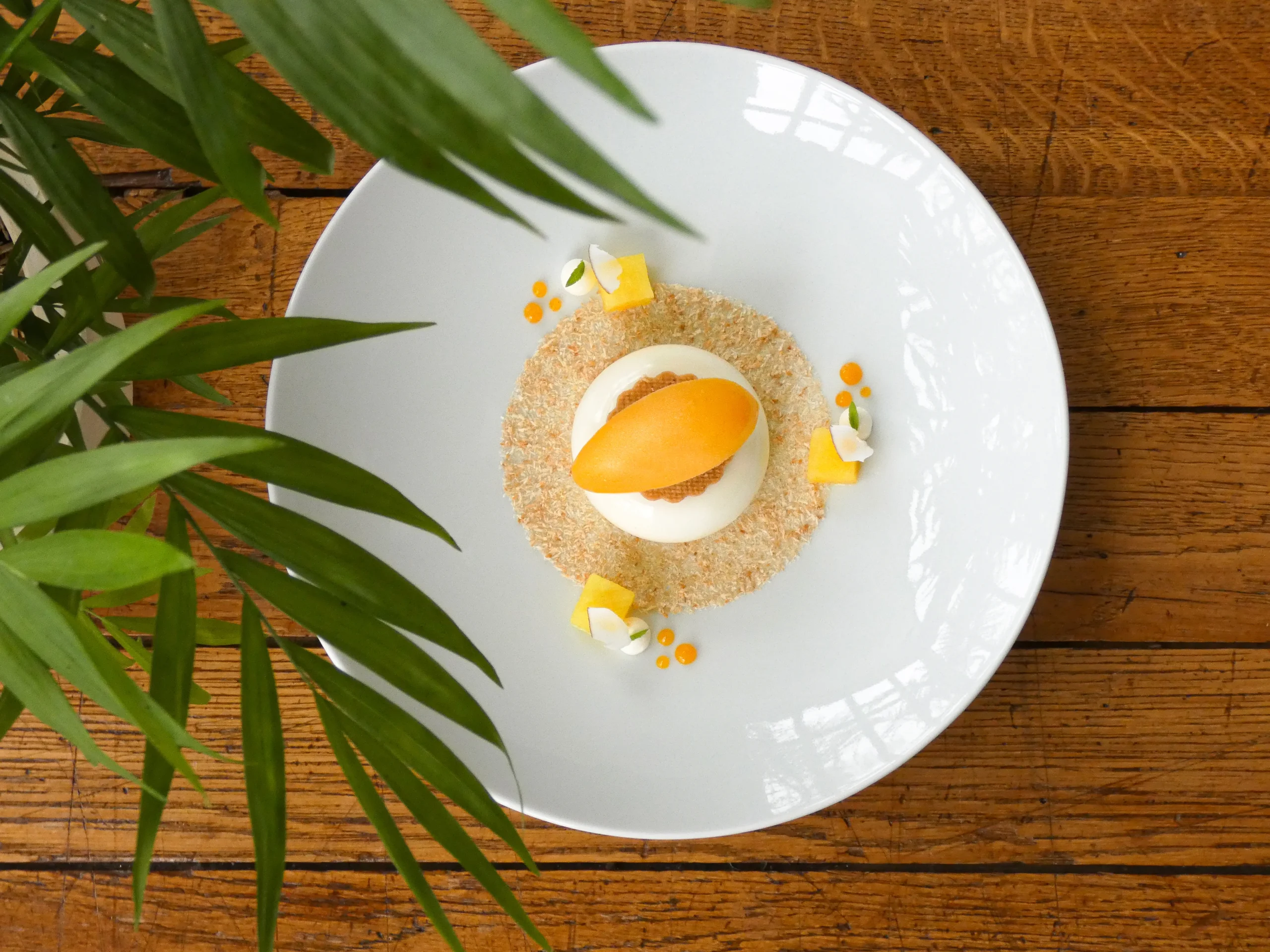 Dessert gastronomique mangue et noix de coco