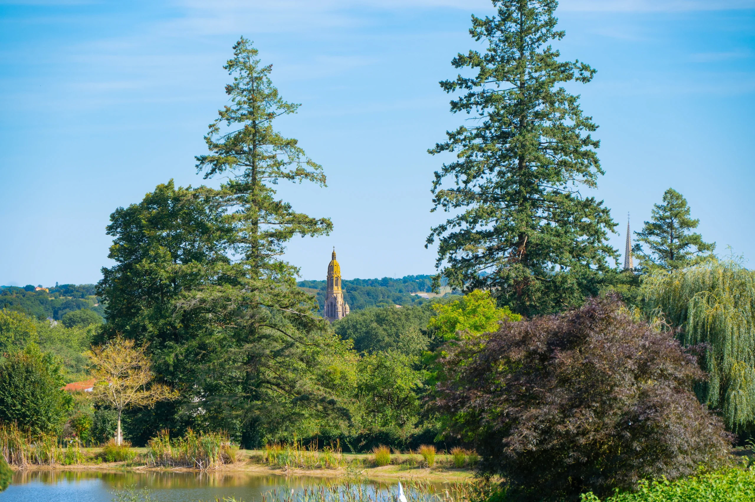 Parc verdoyant avec clocher d’église au loin